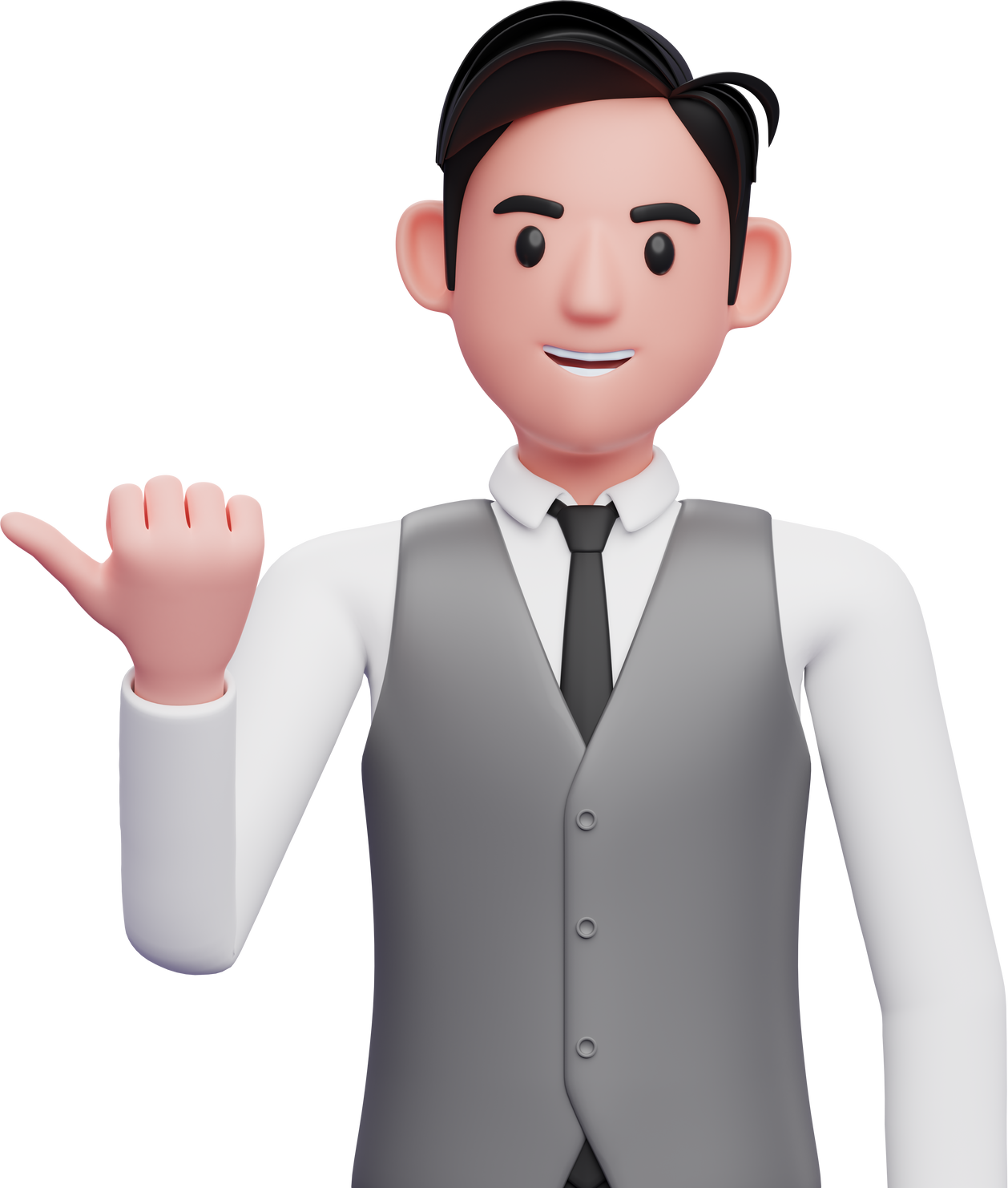 businessman in gray vest suit pointing with thumb aside looking at the camera, 3D illustration of businessman pointing with thumb